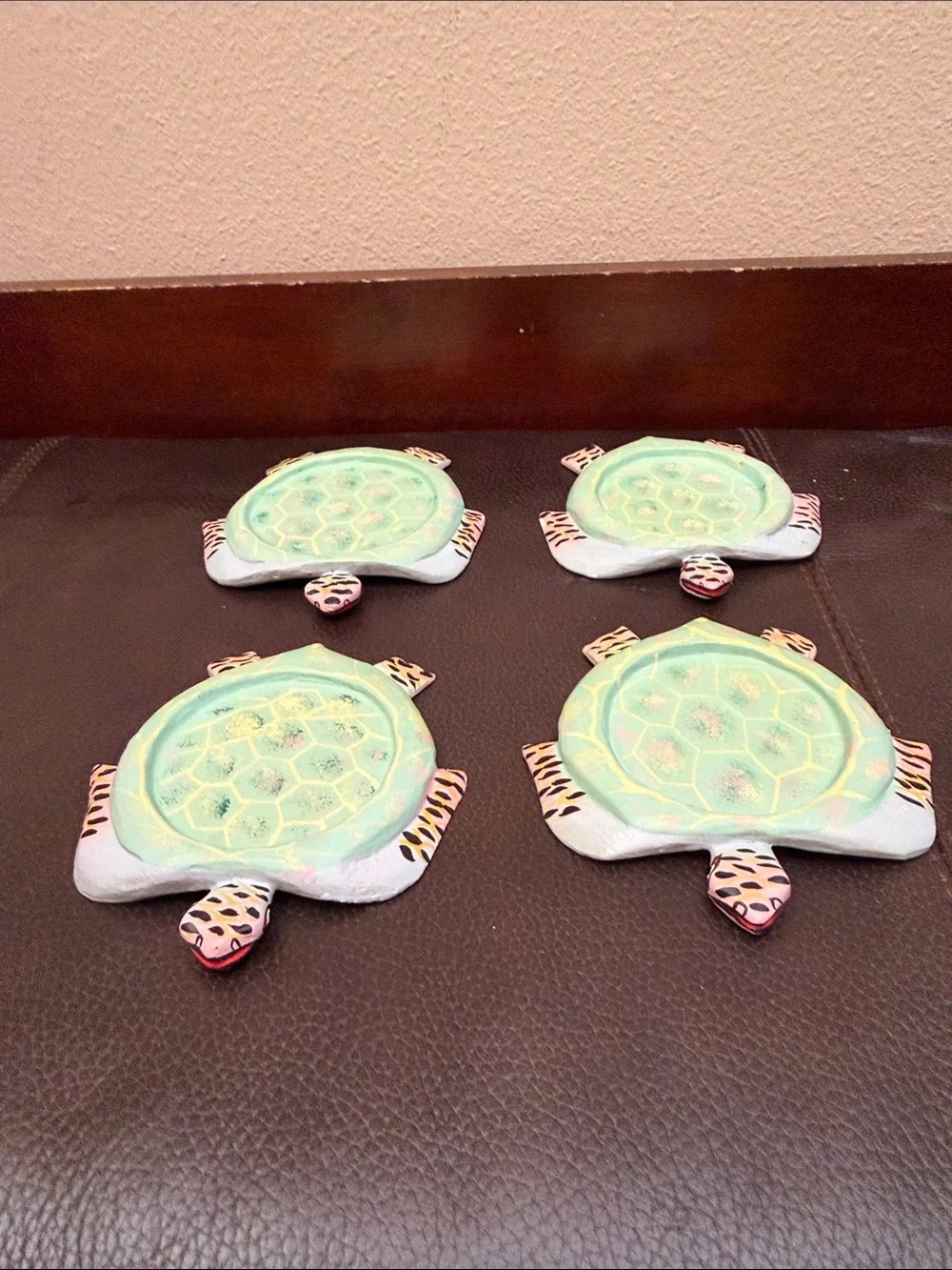 Hand Painted Wooden Folk Art Turtle Coasters Set of 4 in Pastel Green & Pink